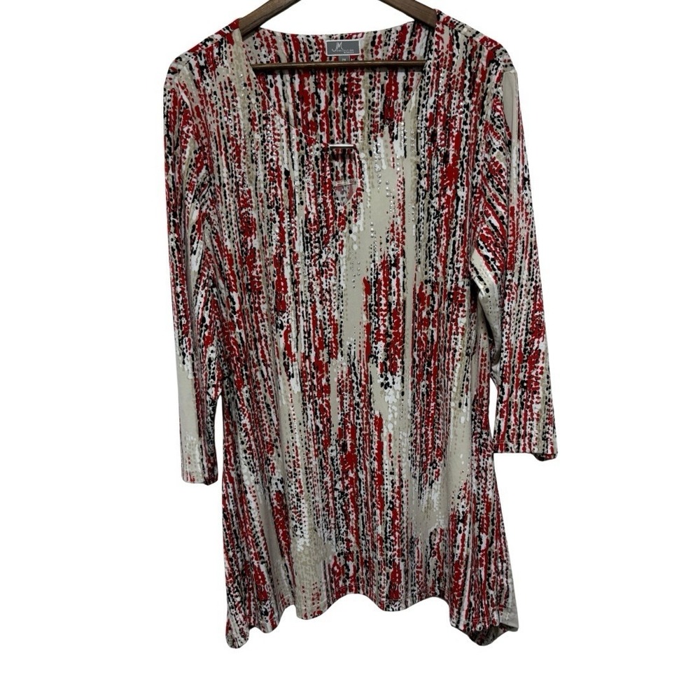 JM Collection Tunic Women 2X Red Black Abstract SharkBite Hem Stretch Knit Artsy